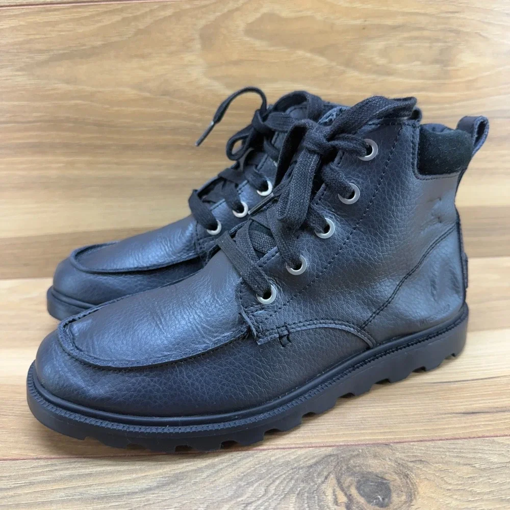 SOREL Madson Moc Toe Boots Youth Size 3 Black Leather Waterproof Lace up